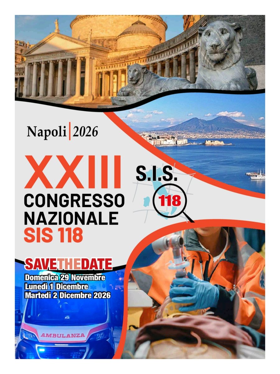 Il Congresso Nazionale della Società Italiana Sistema 118 torna nel 2026 e sceglie Napoli per la sua XXIII edizione.
📅 29/11–2/12
Tre giornate di innovazione, formazione e confronto sulle sfide del sistema 118.
Programma e info organizzative seguiranno.
#SIS118 #Congresso2026