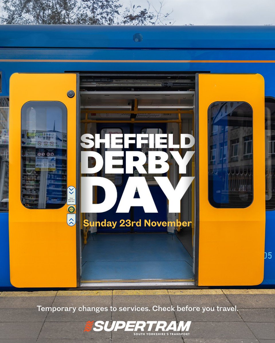 SY_Supertram's tweet image. Steel City Derby on Sun 23 Nov at Hillsborough⚽

Temporary changes to Blue &amp;amp; Yellow trams for customer and fan safety:

10am-12pm: Terminate at Cathedral
12pm-1pm: Normal
1pm-3pm: Terminate at Shalesmoor

Timings approx. and subject to change.

More info: shorturl.at/srEjp