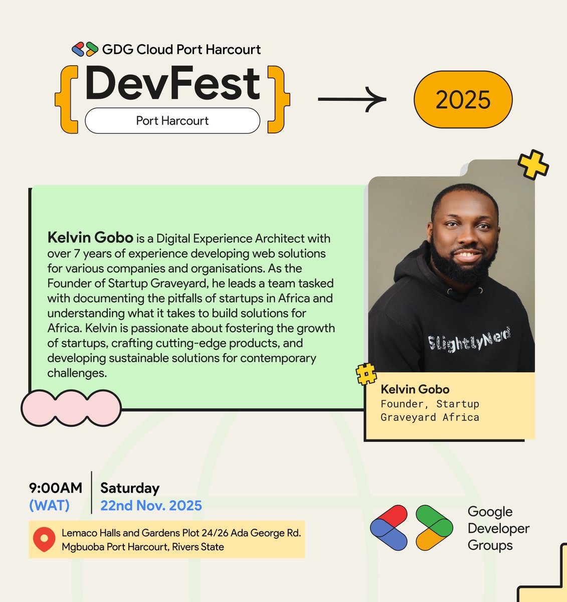 gdgcloudph's tweet image. Speaker spotlight!

Ready to build a startup that doesn&apos;t fail? 

Meet @slightlynerd, the founder of Startup Graveyard. He&apos;ll show you the necessary strategies for surviving and scaling in the African tech ecosystem.

RSVP now: bit.ly/devfestph2025

#devfestph2025