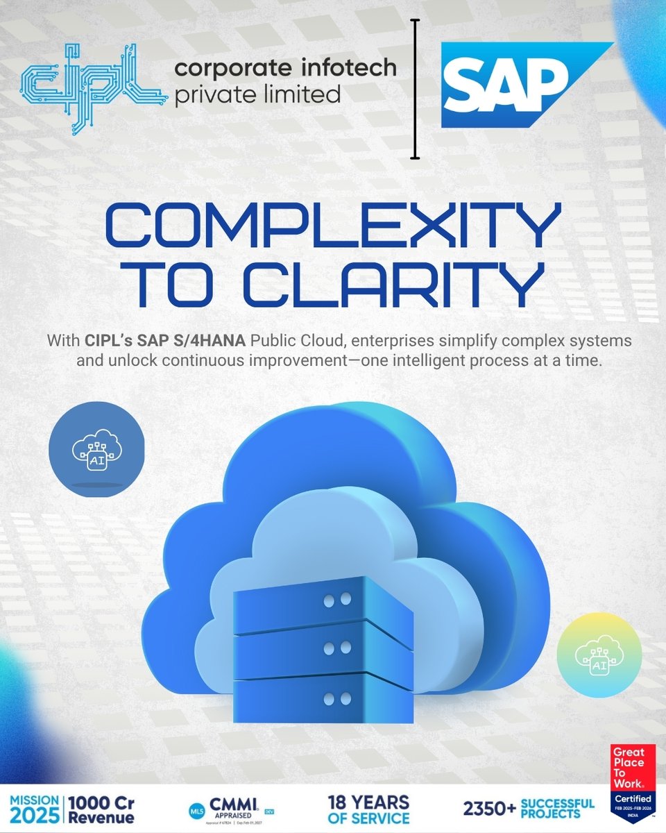 CiplLtd's tweet image. 𝐈𝐧𝐧𝐨𝐯𝐚𝐭𝐢𝐨𝐧-𝐃𝐫𝐢𝐯𝐞𝐧

Innovation starts with simplification.
With 𝐂𝐈𝐏𝐋’𝐬 𝐒𝐀𝐏 𝐒/𝟒𝐇𝐀𝐍𝐀 𝐏𝐮𝐛𝐥𝐢𝐜 𝐂𝐥𝐨𝐮𝐝, organizations can unify complex systems and drive continuous improvement. 
#SAPCloud #Innovation #S4HANA #CIPL #SmartEnterprise