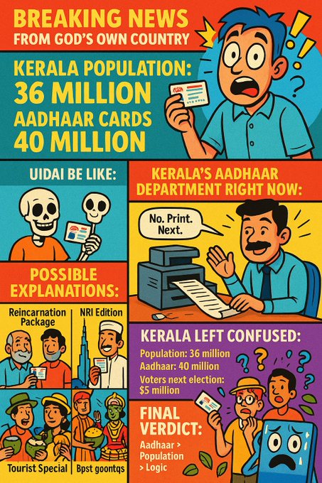 sanewsKarnataka's tweet image. 🚨 BIG BREAKING - Concern Raised - Kerala&apos;s population: 36 million. Aadhaar cards issued: 40 million.

This discrepancy prompts questions about the distribution process. UIDAI&apos;s response is now under scrutiny. 

#Kerala #Aadhaar #UIDAI #PublicConcern