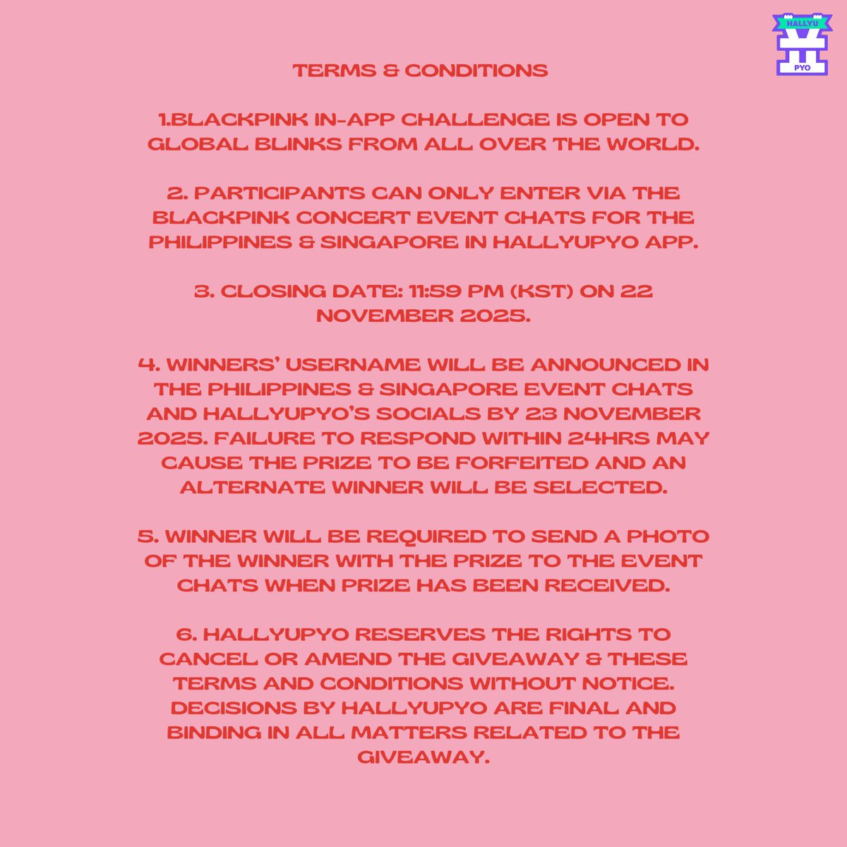 HallyuPyo's tweet image. BLACKPINK Daily Challenge (17–22 Nov) 💗
7PM KST → Join SG/PH chats → Answer → Win 🎁
#HallyuPyo #BLACKPINK #AppChallenge