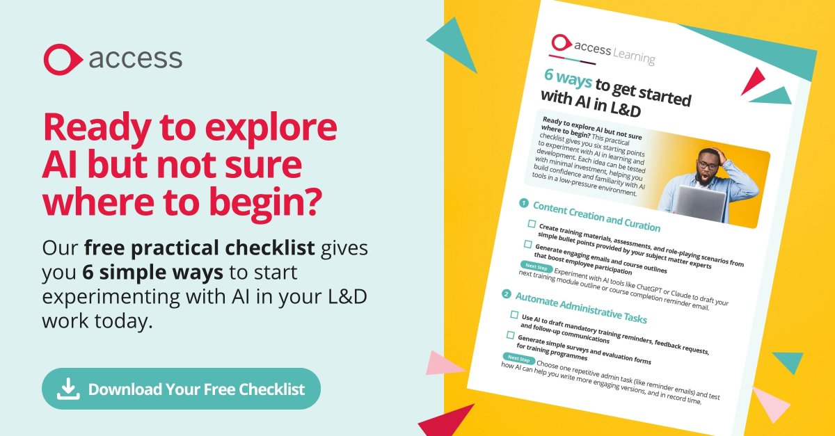 Access_LMS's tweet image. 🧠 Ready to explore AI in Learning &amp;amp; Development? 

Download our FREE Checklist: 6 Ways to Get Started with AI in L&amp;amp;D – your practical guide to launching low-risk, high-impact AI experiments. 

Grab your free copy now 👉ow.ly/yqk850XlEUe 

#AIinLearning #FreeChecklist