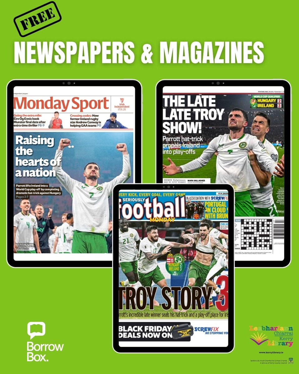 KerryLibrary's tweet image. Read all the coverage of Ireland&apos;s incredible win in Hungary with #Borrowbox. Download the app, sign in with your library card and go to ePress to read the latest national and international newspapers for free. #COYBIG