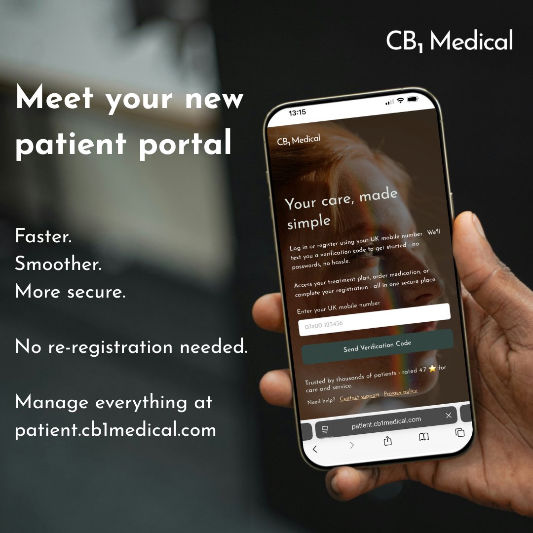 The new CB1 Medical patient platform is here

✔️ Manage treatment
✔️ Join consultations
✔️ Order + track medication
✔️ Access everything from any device

No re-registration needed - just log in with your mobile number at patient.cb1medical.com.