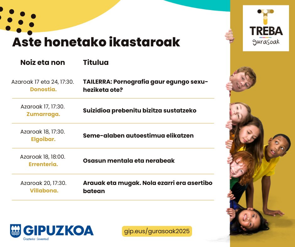 🥰 Gurasoak hezkuntza-gaitasunetan trebatuz, haurren eta nerabeen bizi-kalitatea eta aukerak hobetzea du helburu #TREBAgurasoak 

AGENDA 👉🏼 gip.eus/gurasoak2025 

🥰 #TREBAgurasoak Mejorar la calidad de vida de niñas, niños y adolescentes trabajando con padres y madres