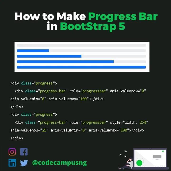 codecampusng's tweet image. Want to learn more programming concepts and tips.? 
Follow @codecampusng for more
How to make Progress Bar in BootStrap 5

Begin your journey as a Developer today. Click the Link in Bio

#vscode #sourcecode #programming #javascript #js #framework #internet #communication