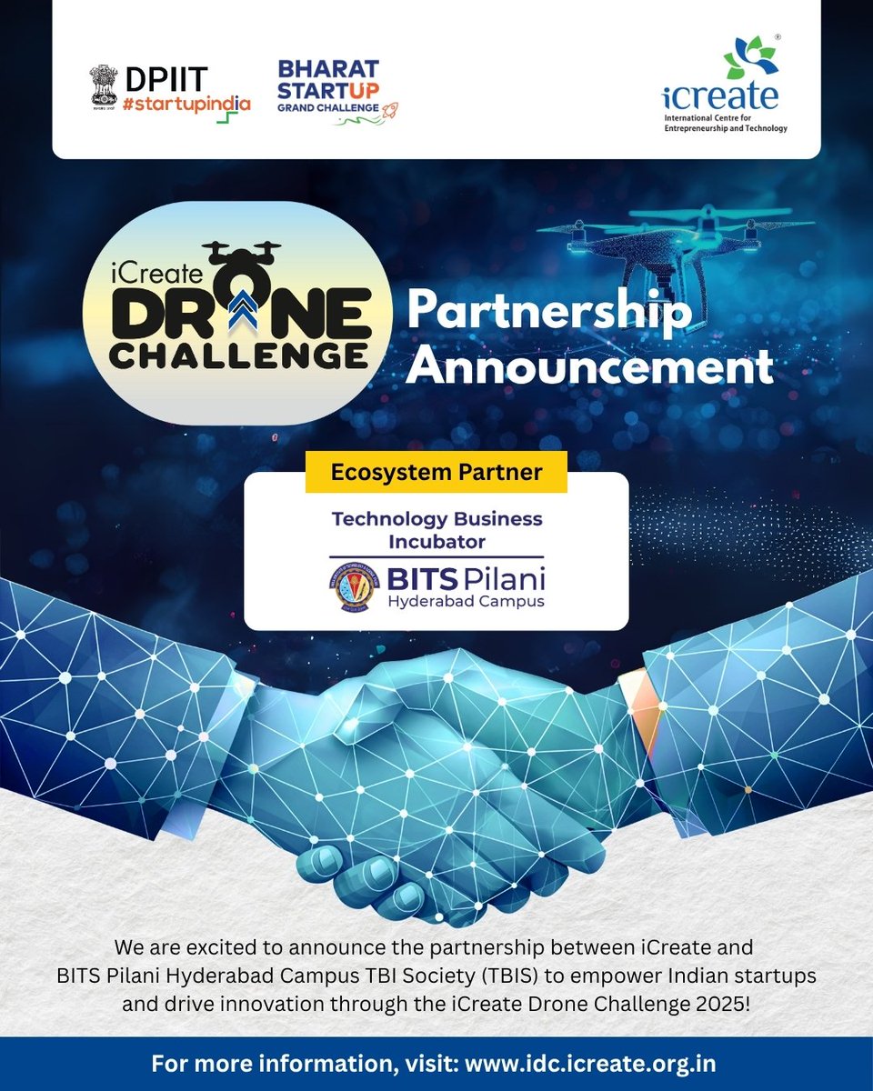 icreatenextgen's tweet image. We’re excited to announce BITS Pilani Hyderabad Campus TBI Society (TBIS) as an Ecosystem Partner for the iCreate Drone Challenge 2025!

The iCreate Drone Challenge is a national initiative to identify and nurture India’s most promising drone innovators. Through this partnership,…