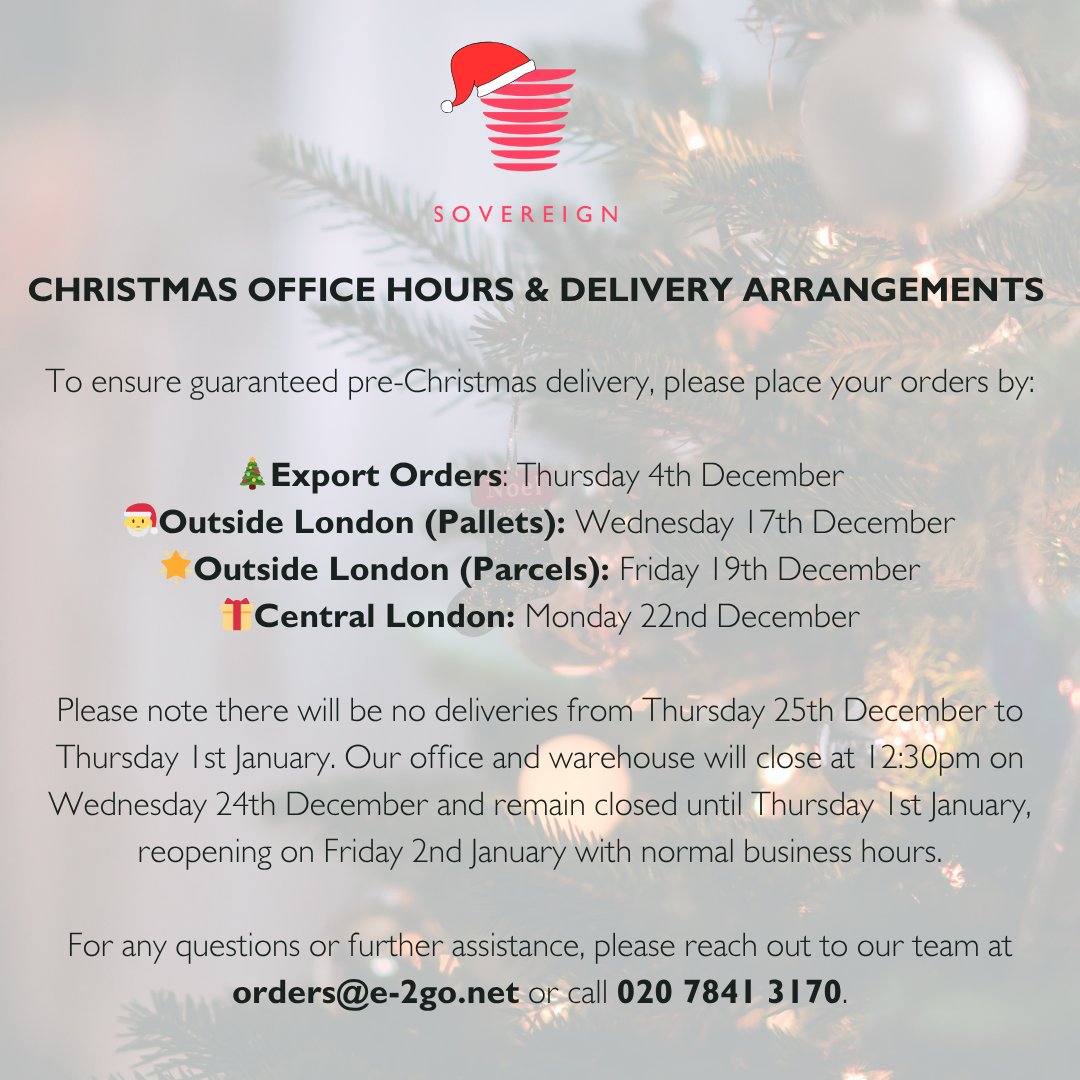 e2go's tweet image. Our Christmas office hours and delivery schedule for December is now available - please have a look at the image for full details🎁

For any questions or further assistance, please reach out to our team at orders@e-2go.net or call 020 7841 3170.

e-2go.net/christmas-offi…