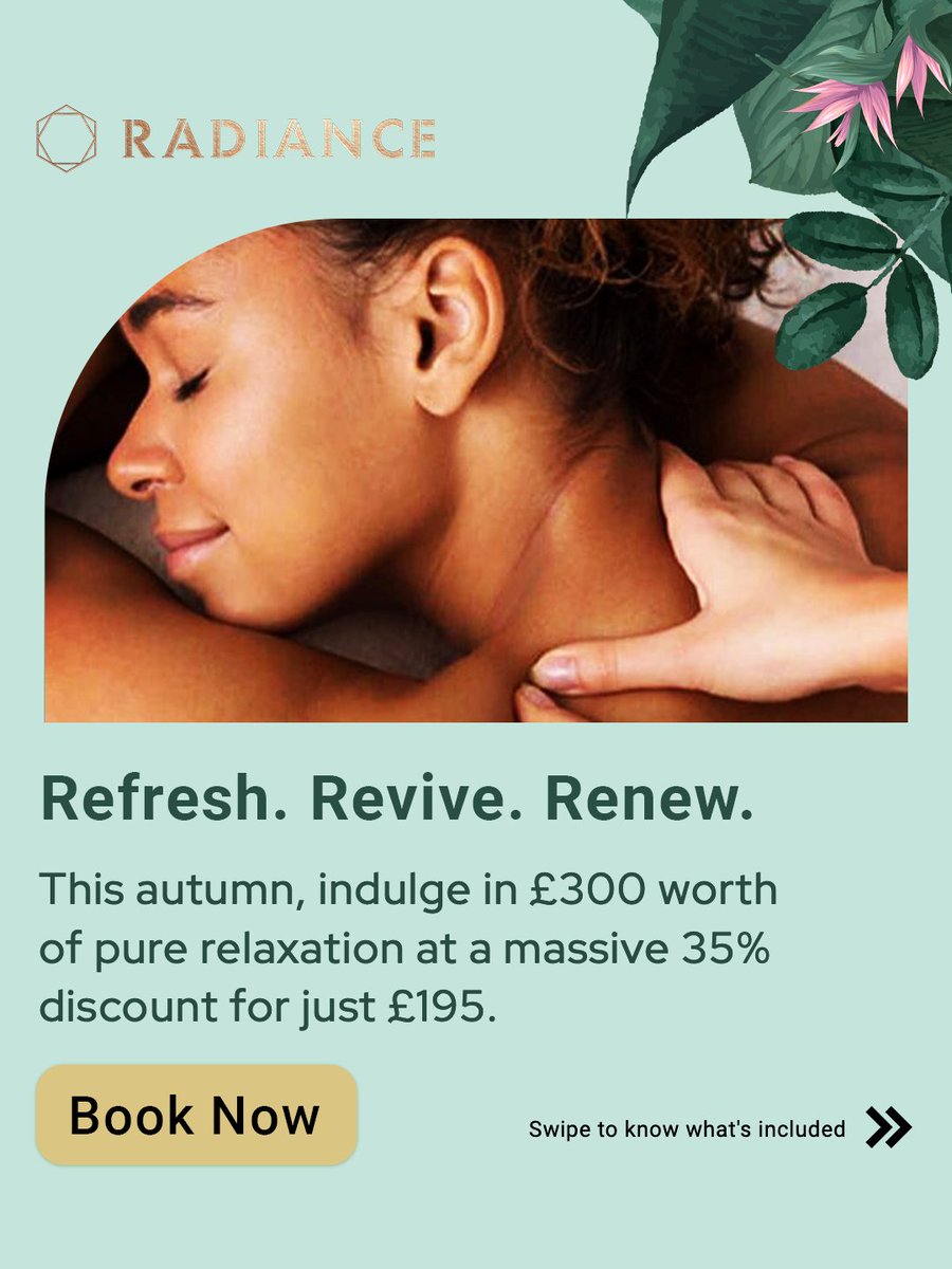 RadianceLondon1's tweet image. NOVEMBER SPECIAL: £300 of pure indulgence → ONLY £195!  ​  
Refresh, Revive &amp;amp; Renew Package is here  ​  
Heated bliss, aromatherapy, LED glow  ​  
Peak slots going FAST!  ​  
Book now bit.ly/3LHaoNK 

#RadianceLondon #SpaPackage #AutumnGlow #SelfCare