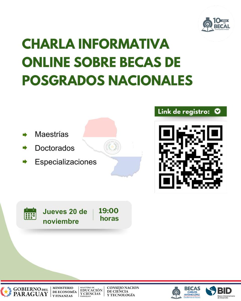CHARLA SOBRE POSGRADOS NACIONALES| Te invitamos ESTE JUEVES a la Charla Informativa Online sobre el proceso de postulación a becas para Especializaciones, Maestrías y Doctorados en 🇵🇾

🕖 19:00 h

🔸Registrate aquí: forms.gle/FTcVM6uS8zJqZt….

📰Leé más: goo.su/UpEFpN
