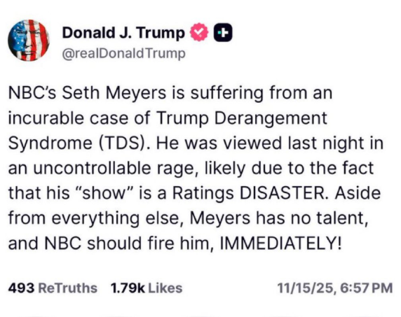 AwesomeNewsom's tweet photo. SETH MEYERS BROKE DONALD. JUST LIKE JIMMY KIMMEL DID. JUST LIKE TAYLOR SWIFT DID. JUST LIKE AN ESCALATOR DID. JUST LIKE WINDMILLS DID. JUST LIKE SHARKS DID. JUST LIKE MAGNETS DID. JUST LIKE A SALAD DID. JUST LIKE EPSTEIN DID. JUST LIKE ACETAMINOPHEN DID. JUST LIKE I DID. --GCN https://t.co/GLCD5vBuev