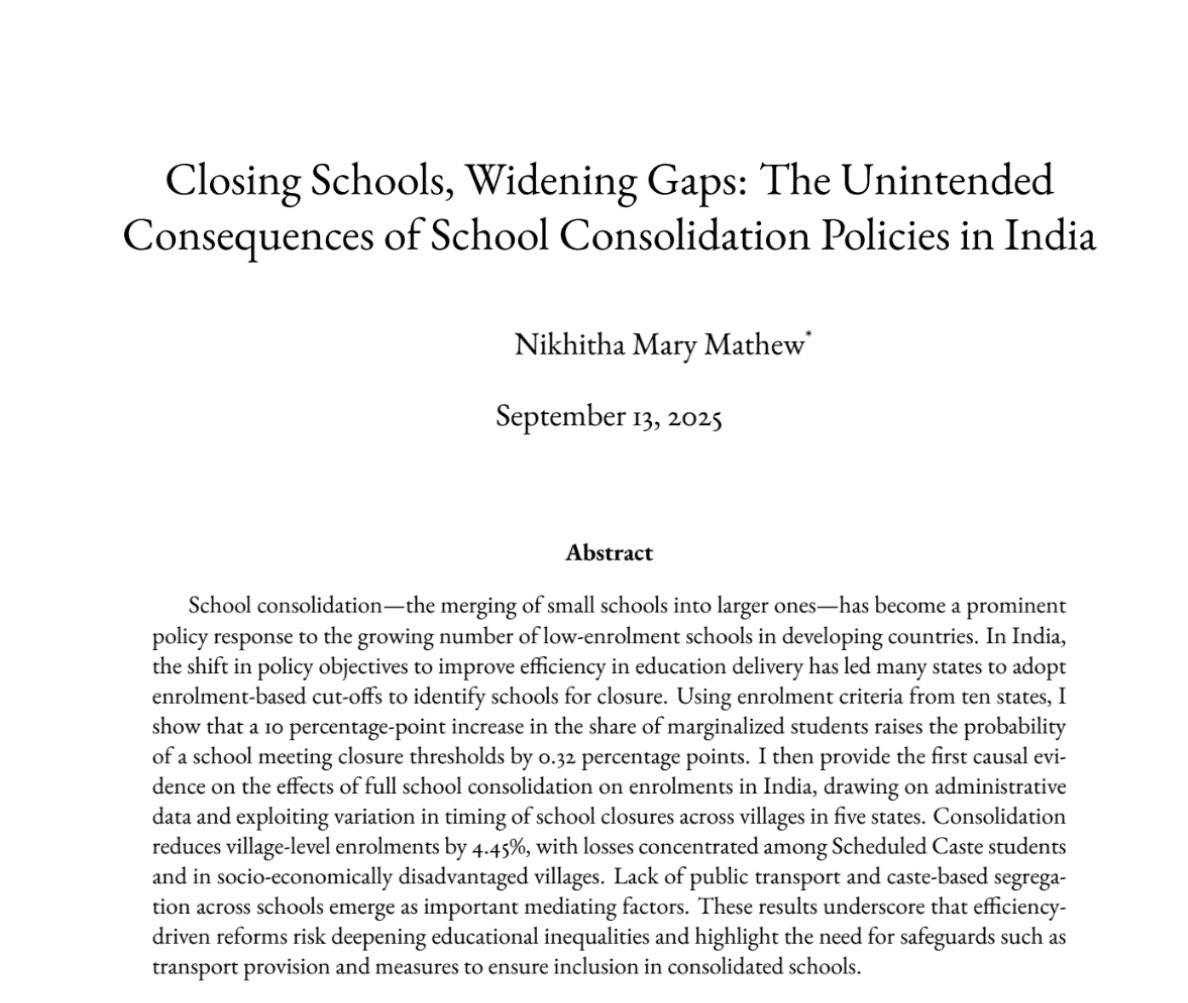 nikhitha_mathew's tweet photo. I am on the #EconJobMarket
I study topics at the intersection of education and social inequality. Happy to share my job market paper where I study the differential impacts of school consolidation policies on educational access across social groups in India. https://t.co/VwvXaxO159
