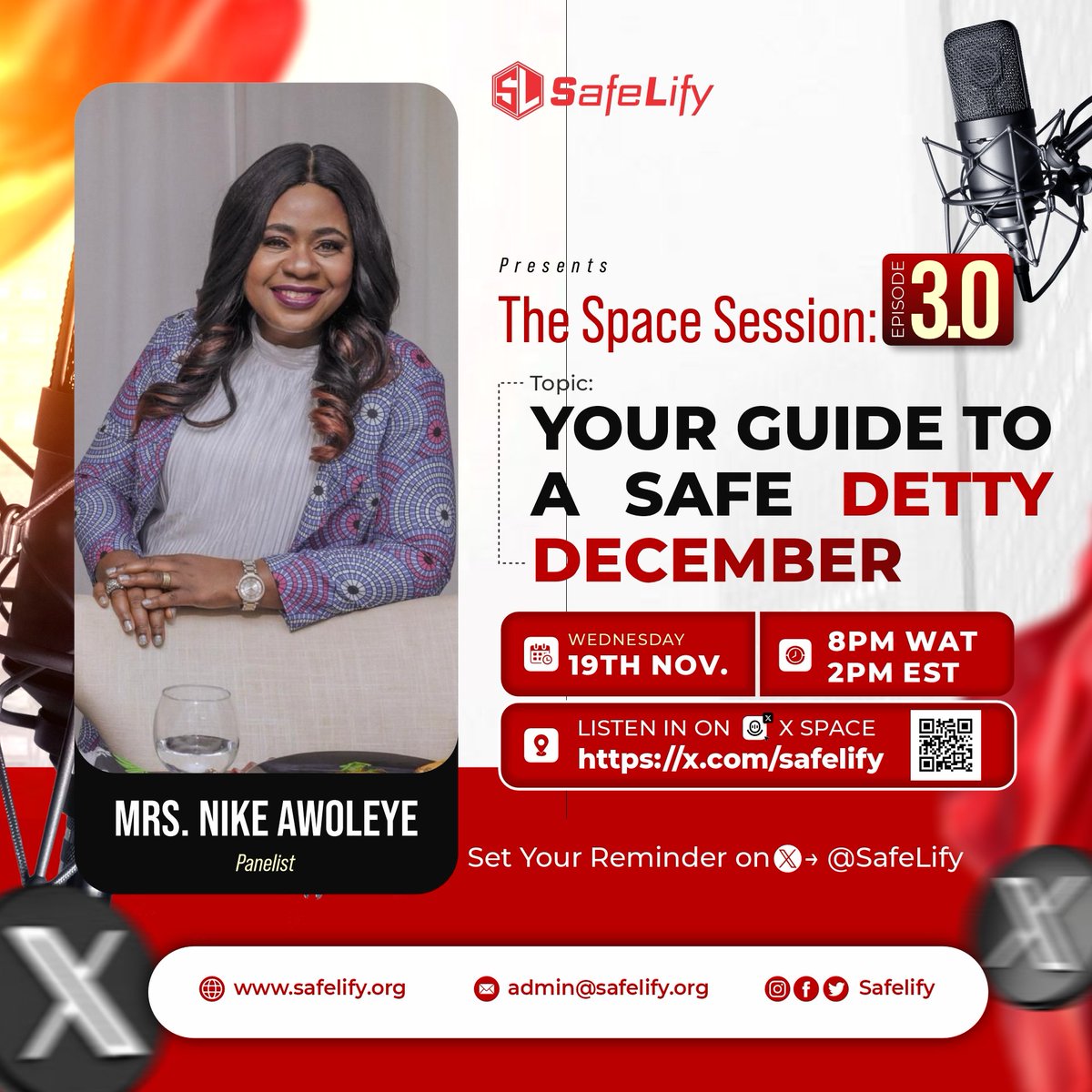 SafeLify's tweet photo. 🎉 Detty December is coming! But let’s make it safe 👮‍♂️💃

Join us on X Space for “Your Guide to a Safe Detty December”
🗓️ Nov 19, 2025
🕗 8PM WAT | 2PM EST
🎙️ Guest: Mrs. Nike Awoleye

🔔 Set reminder → @SafeLify
#DettyDecember #SafeLify #XSpace https://t.co/6X6oGTAcFb