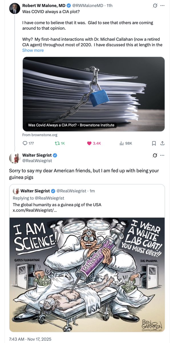 RealWsiegrist's tweet image. Es tut mir leid, meine lieben amerikanischen Freunde, aber ich habe es satt, euer Versuchskaninchen zu sein.
@RWMaloneMD @Kevin_McKernan @JesslovesMJK 

x.com/RealWsiegrist/…