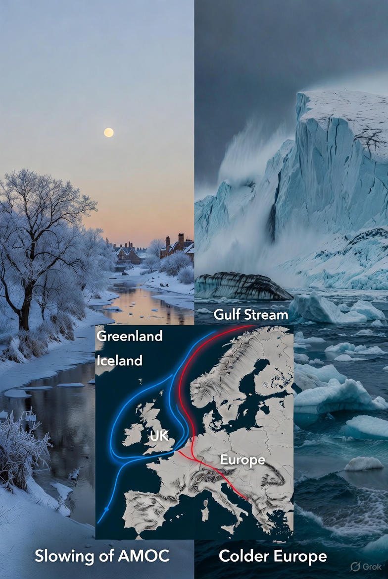 PeterDClack's tweet image. Europe’s winters are about to get colder—not warmer—with temperatures potentially dropping 5–10°C in the UK and Scandinavia. Blame the melting Greenland ice sheet, which is flooding the North Atlantic with freshwater and slamming the brakes on the Atlantic Meridional Overturning…