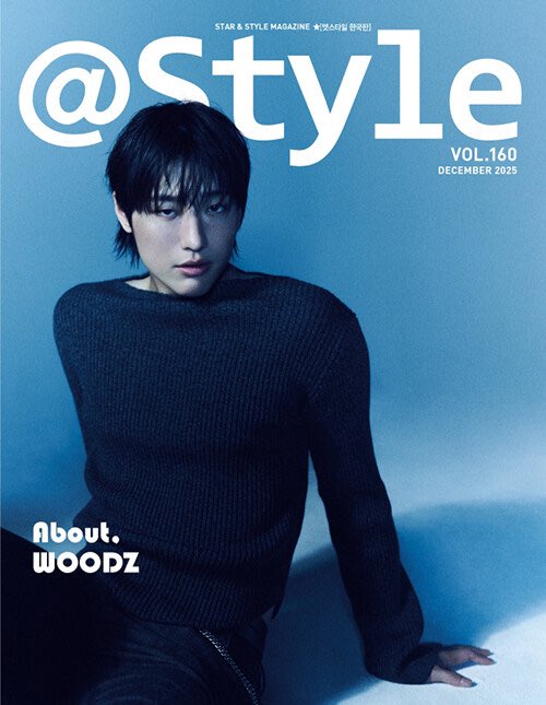 Magazine cover with title At Style in Korean and English logo at top left December 2020 volume 166 edition. Central image shows young man Cho Seung-youn as WOODZ with short black hair wearing dark knit sweater sitting with one leg extended on blue background. Text About WOODZ at bottom right.