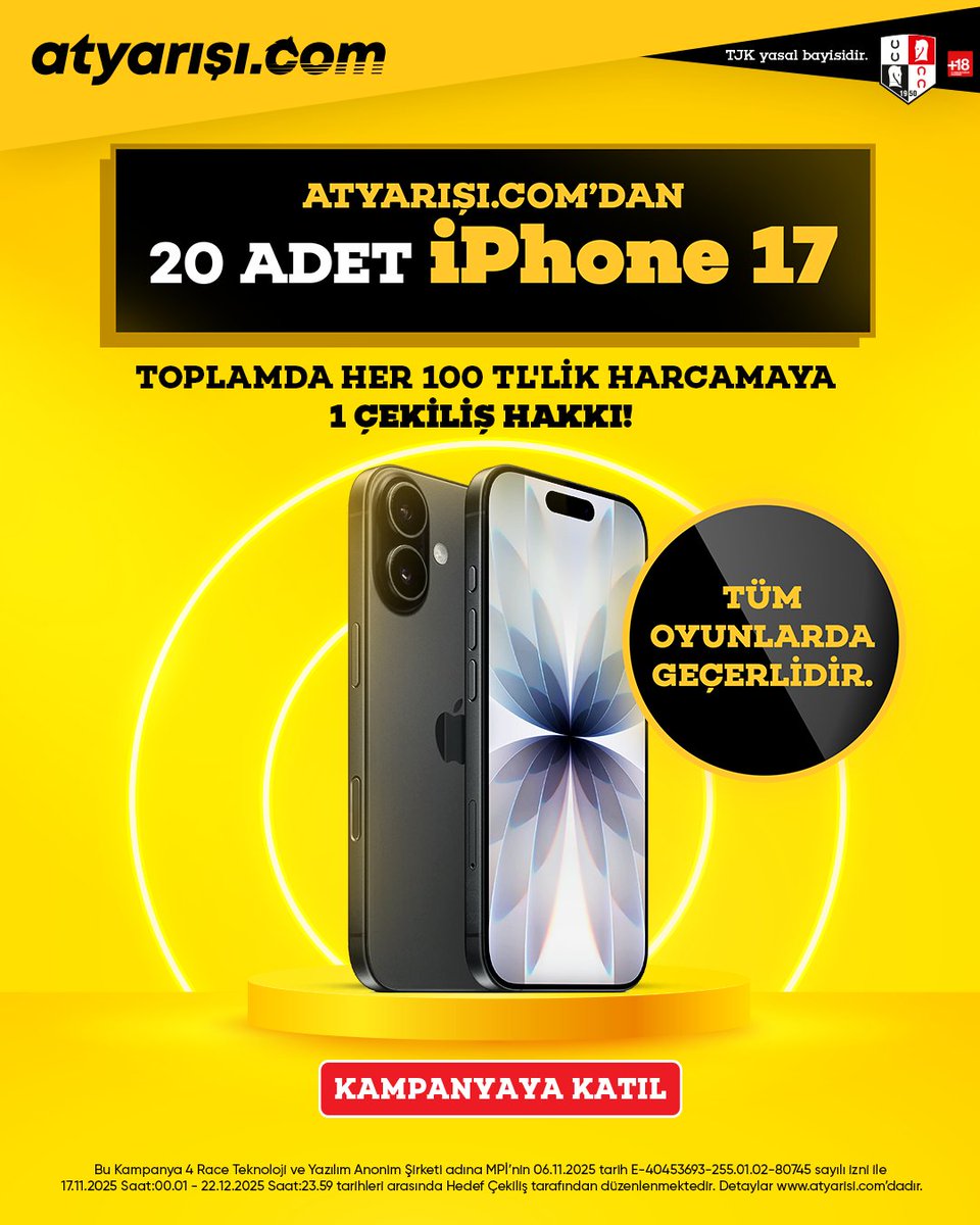 20 adet iPhone 17 atyarışı.com'da!

Toplamda her 100 TL'lik harcamaya 1 çekiliş hakkı!

Tüm oyunlarda geçerlidir.

Kampanyaya katılmak için --&gt; atyrs.co/4oGzxXl