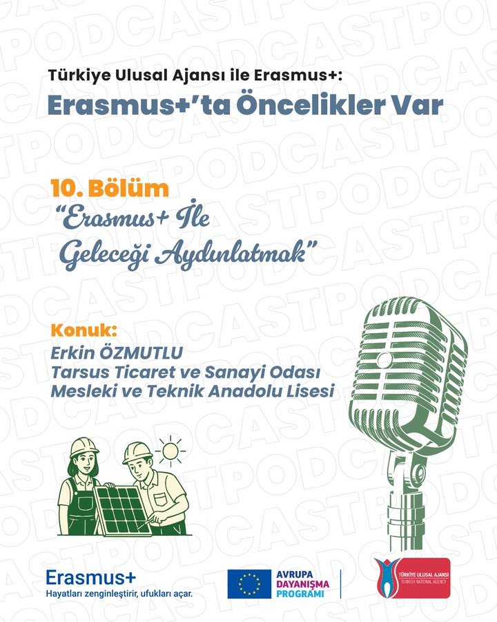 Graphic design in Turkish text announcing Erasmus+ta Öncelikler Var 10th episode titled Erasmus+ İle Geleceği Aydınlatmak with guest Erkin Özmutlu from Tarsus Ticaret ve Sanayi Odası Mesleki ve Teknik Anadolu Lisesi showing microphone icon two figures in work helmets discussing solar panels under sun Erasmus+ and EU program logos at bottom.