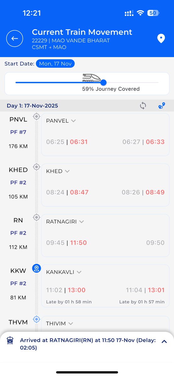 आज (१७ नोव्हेंबर, २०२५ ला) खेड स्थानक सोडल्यानंतर २२२२९ मुंबई मडगाव वंदे भारत एक्सप्रेसमध्ये बिघाड. दोन तास उशिराने रत्नागिरी स्थानकात पोहोचून जवळजवळ पाऊण तासापासून तिथेच उभी आहे. 
<a href="/RailMinIndia/">Ministry of Railways</a> <a href="/Central_Railway/">Central Railway</a> <a href="/kinkdotcom/">KINK</a>