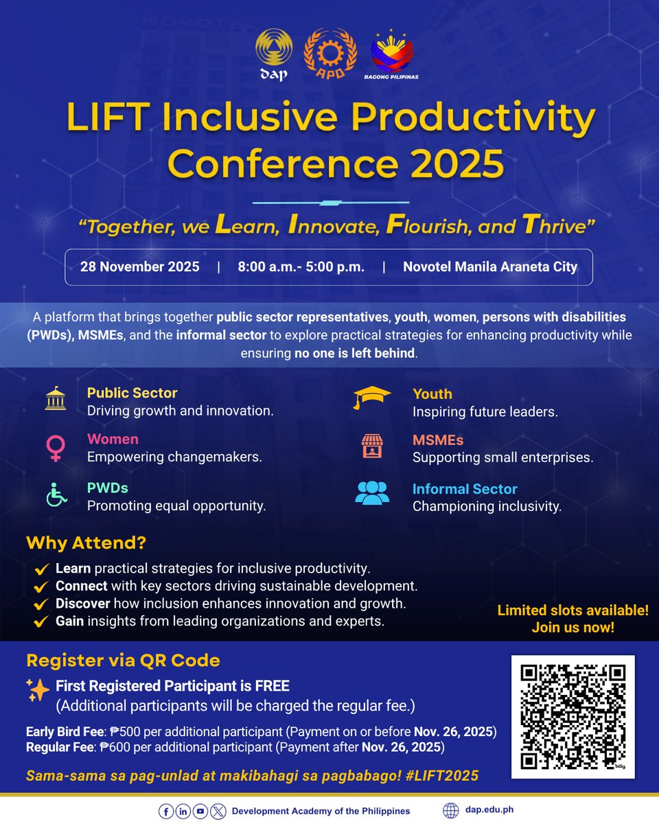 apogranteesphil's tweet image. 𝐋𝐎𝐎𝐊: 𝐋𝐈𝐅𝐓 𝐈𝐍𝐂𝐋𝐔𝐒𝐈𝐕𝐄 𝐏𝐑𝐎𝐃𝐔𝐂𝐓𝐈𝐕𝐈𝐓𝐘 𝐂𝐎𝐍𝐅𝐄𝐑𝐄𝐍𝐂𝐄 𝟐𝟎𝟐𝟓 𝐈𝐒 𝐇𝐀𝐏𝐏𝐄𝐍𝐈𝐍𝐆! 🌟

🎟 𝐑𝐄𝐆𝐈𝐒𝐓𝐄𝐑 𝐍𝐎𝐖: bit.ly/APO2025-LIFTCo… 

#LIFT2025 #InclusiveProductivity #InnovationForAll 

📸: DAP