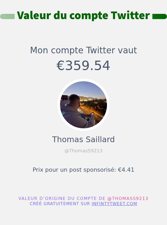 ThomasS9213's tweet photo. Mon twitter vaut: €359.54

➡️ https://t.co/N7LnG5V2d9 https://t.co/ZygGLU4fEi