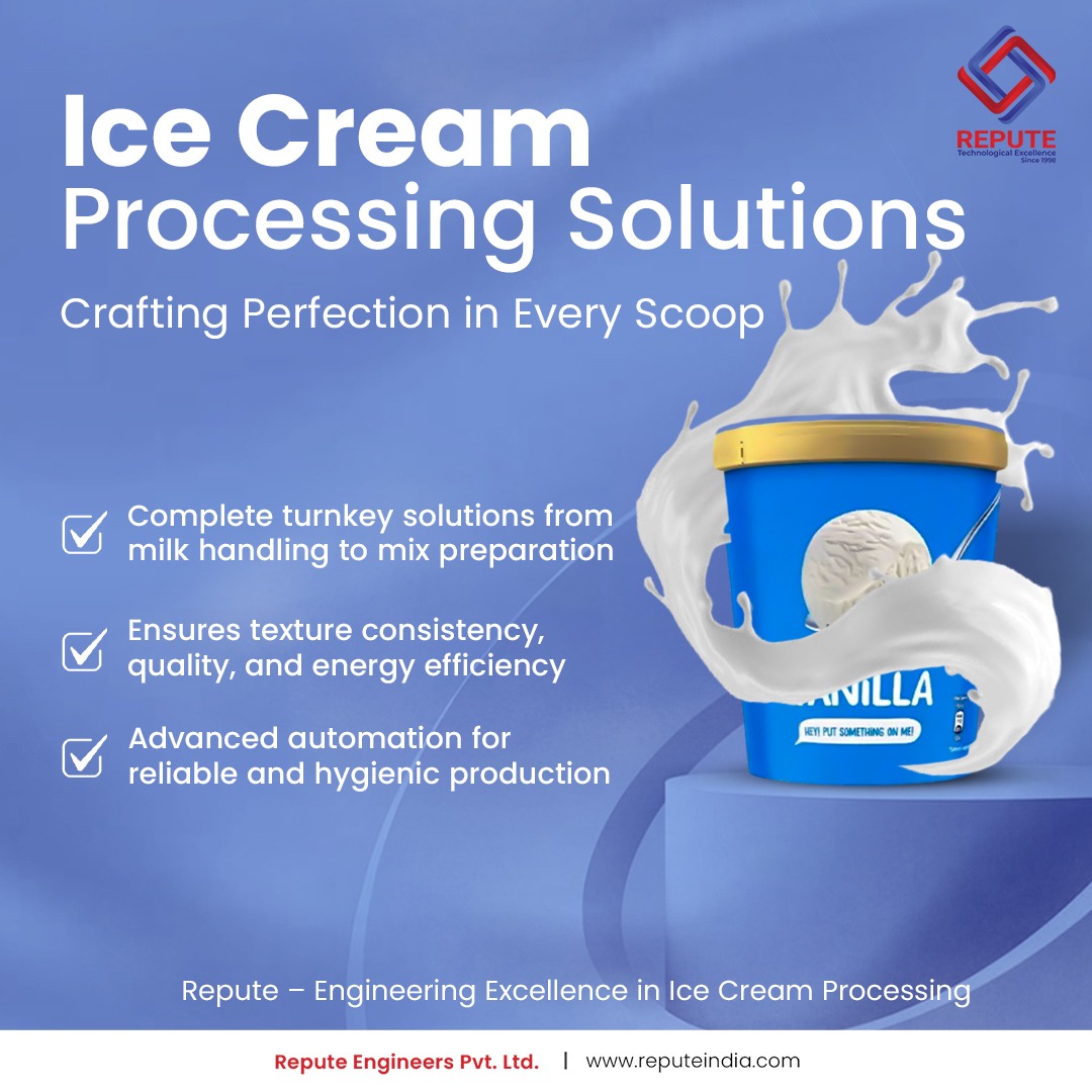 Repute_India's tweet image. From milk handling to mix preparation, Repute delivers complete turnkey solutions for ice cream processing. Our systems ensure smooth texture, consistent quality, and optimized energy efficiency across every stage.

#ReputeEngineers #IceCreamProcessing #FoodProcessingSolutions