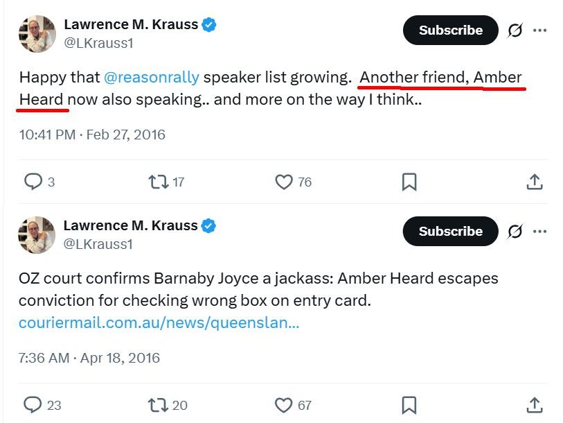 <a href="/Pusheen63581130/">Pusheen 🦄</a> Johnny Depp isn't friends with your pedo dad babes 
Also why was Amber Heard friends with Lawrence Krauss who's tied to Epstein?