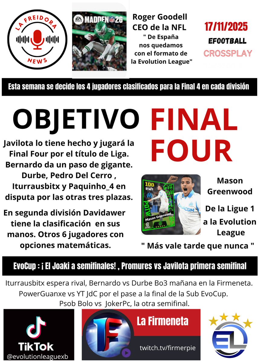 Última semana de la segunda fase de la liga regular, a las puertas de las finales <a href="/EvolutionLeagu3/">Evolution League</a> #eFootball2026 <a href="/Javilota14/">Javilota</a> <a href="/durbe88/">Toni</a> <a href="/BoteroHawer/">Davidawer</a> <a href="/PowerGuanxe/">PowerGuanxe</a> <a href="/Ander8Iturraspe/">Ander Iturraspe</a> <a href="/JokerPc4/">JokerPc</a> <a href="/VictorAbog18/">Victor Orellana ⚖️</a>