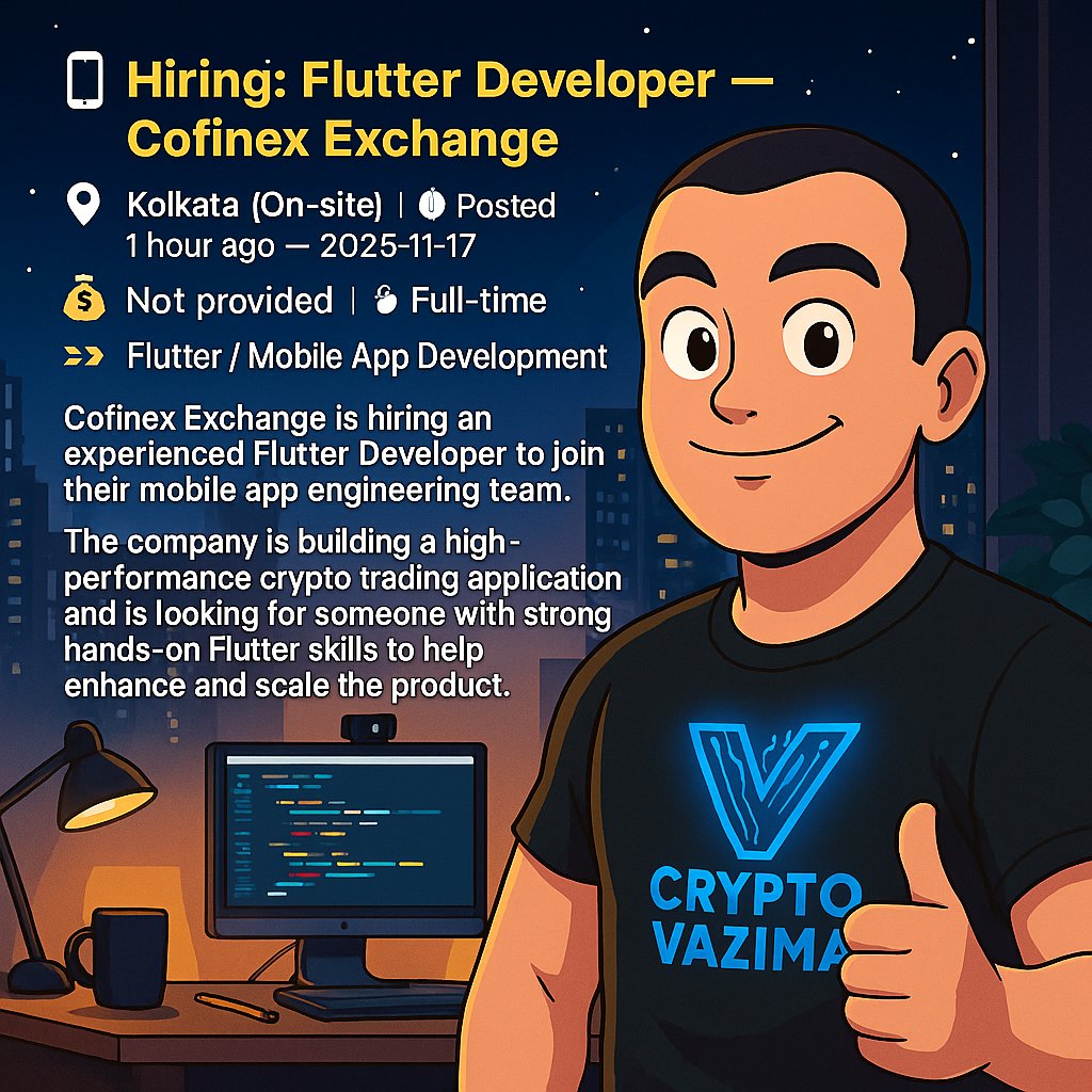 crypto_vazima's tweet image. 📱 Hiring: Flutter Developer — Cofinex Exchange
📍 Kolkata (On-site) | 💼 Full-time | 🧑‍💻 Flutter / Mobile App Dev | 💰 Not provided

Cofinex Exchange is looking for an experienced Flutter Developer to join their mobile team building a modern, high-performance crypto trading app.…