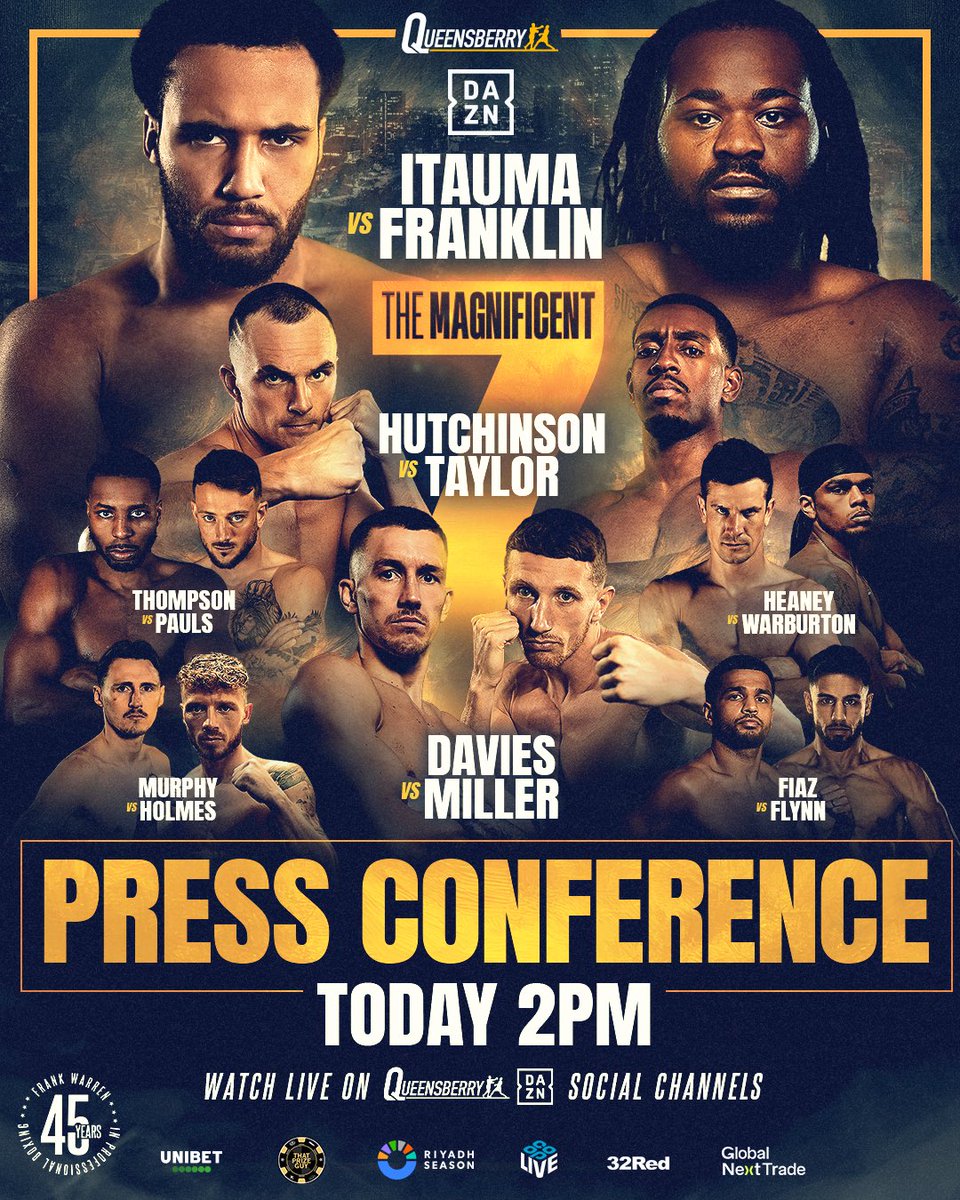 Queensberry's tweet image. Hear from The Magnificent 7! 💥

This afternoon, @MosesItauma &amp;amp; @JermaineFrankl6 face off for the first time, with a stacked undercard all ready to steal the show. 

Catch the full Press Conference from 2pm on Queensberry and DAZN social channels 🥊

#ItaumaFranklin | Mag 7 |…
