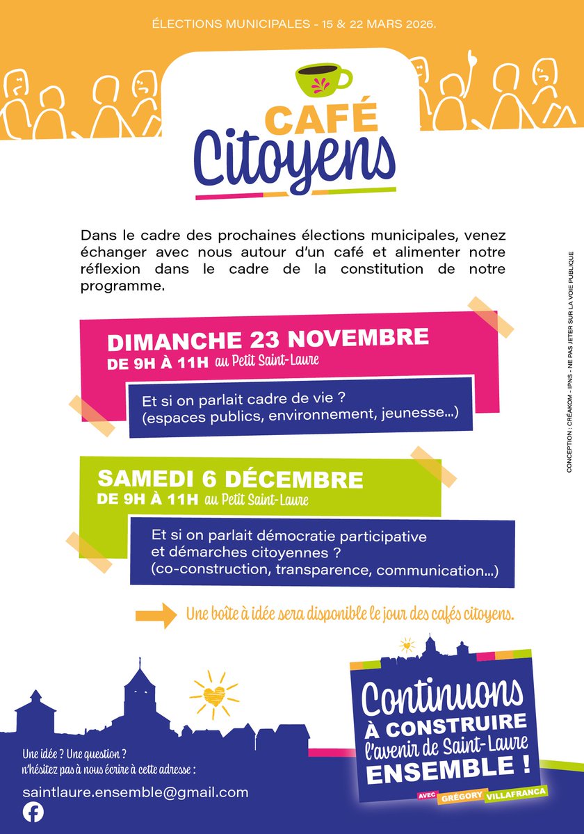 GregVillafranca's tweet photo. ☕ Cafés Citoyens
RdV pour échanger autour d’un café et construire ensemble notre programme municipal !
📅 23 nov – 9h/11h
Thème : Cadre de vie
📍 Petit Saint-Laure
💡 Une boîte à idées sera dispo sur place.
#SaintLaure #Municipales2026 #CafésCitoyens #ParticipationCitoyenne https://t.co/9JHJy3mDbQ