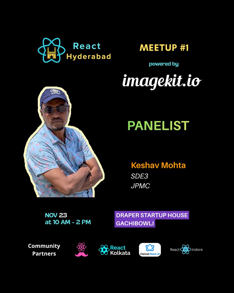 React_Hyderabad's tweet image. ⚛️ Hyderabad, are you ready?!? 

📷 Only 6 days left for @React_Hyderabad&apos;s FIRST EVER In-person meetup — and we have some amazing Panelists who will share their knowledge with us.

Seats are limited. RSVP now  - luma.com/qc27d0u3 

#ReactHyderabad #ImageKit #Community