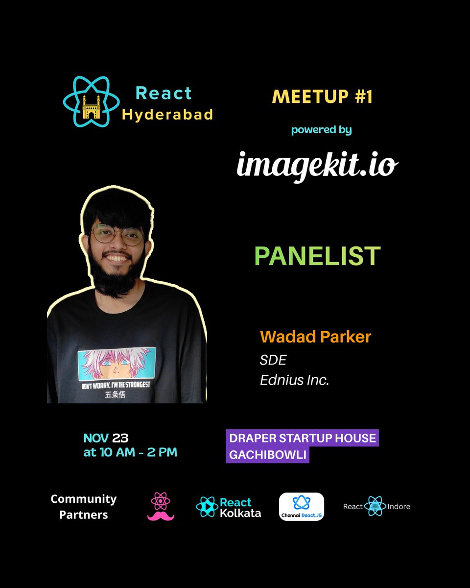 React_Hyderabad's tweet image. ⚛️ Hyderabad, are you ready?!? 

📷 Only 6 days left for @React_Hyderabad&apos;s FIRST EVER In-person meetup — and we have some amazing Panelists who will share their knowledge with us.

Seats are limited. RSVP now  - luma.com/qc27d0u3 

#ReactHyderabad #ImageKit #Community