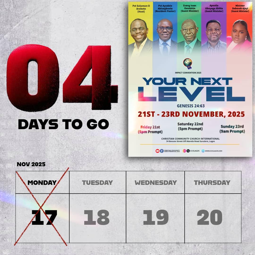 CCCILagos's tweet image. It&apos;s getting closer and we are READY! 

Just 4️⃣ days now...that which you have been perceiving will become a reality.

That expectation will become a testimony.

Gather yourself; it&apos;s time to ride on the wings of the eagle.

#impactconvention #YourNextLevel #CCCILagos