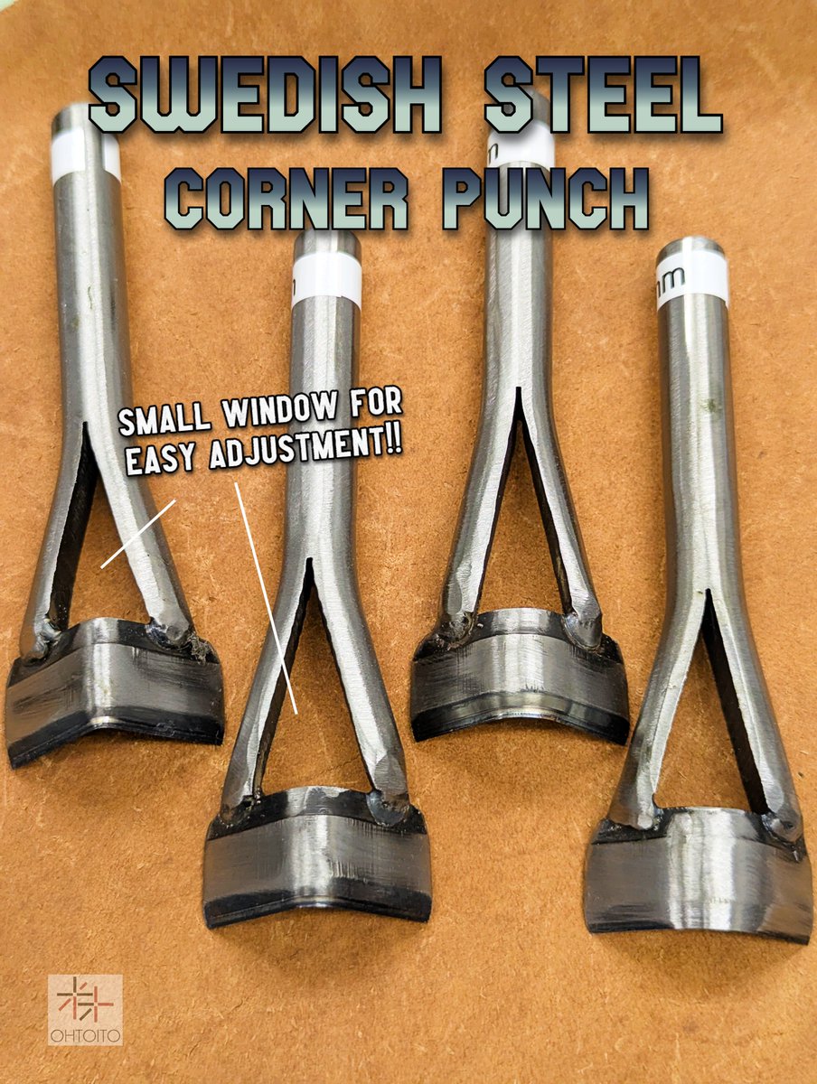 Vinymo_ohto_JP's tweet photo. Ohtoito Original Swedish steel corner punch: available in 5, 10, 15 &amp; 20mm. The small window between the blades helps you easily see and adjust the angle. Great for precise leather corner cutting and clean results every time! 
#Ohtoito #Leathercraft #MadeInJapan #originaltool https://t.co/rvkQaM0bWu
