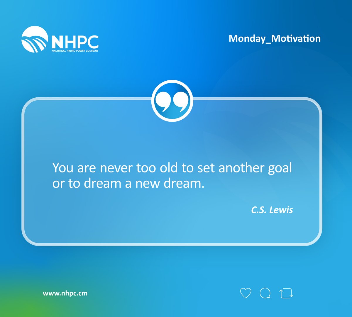 NHPC_Officiel's tweet image. [𝗠𝗢𝗡𝗗𝗔𝗬 𝗠𝗢𝗧𝗜𝗩𝗔𝗧𝗜𝗢𝗡]

You are never too old to set another goal or to dream a new dream. – C.S. Lewis

#aménagementhydroélectrique #nachtigal #NHPC #energie #mondaymotivation