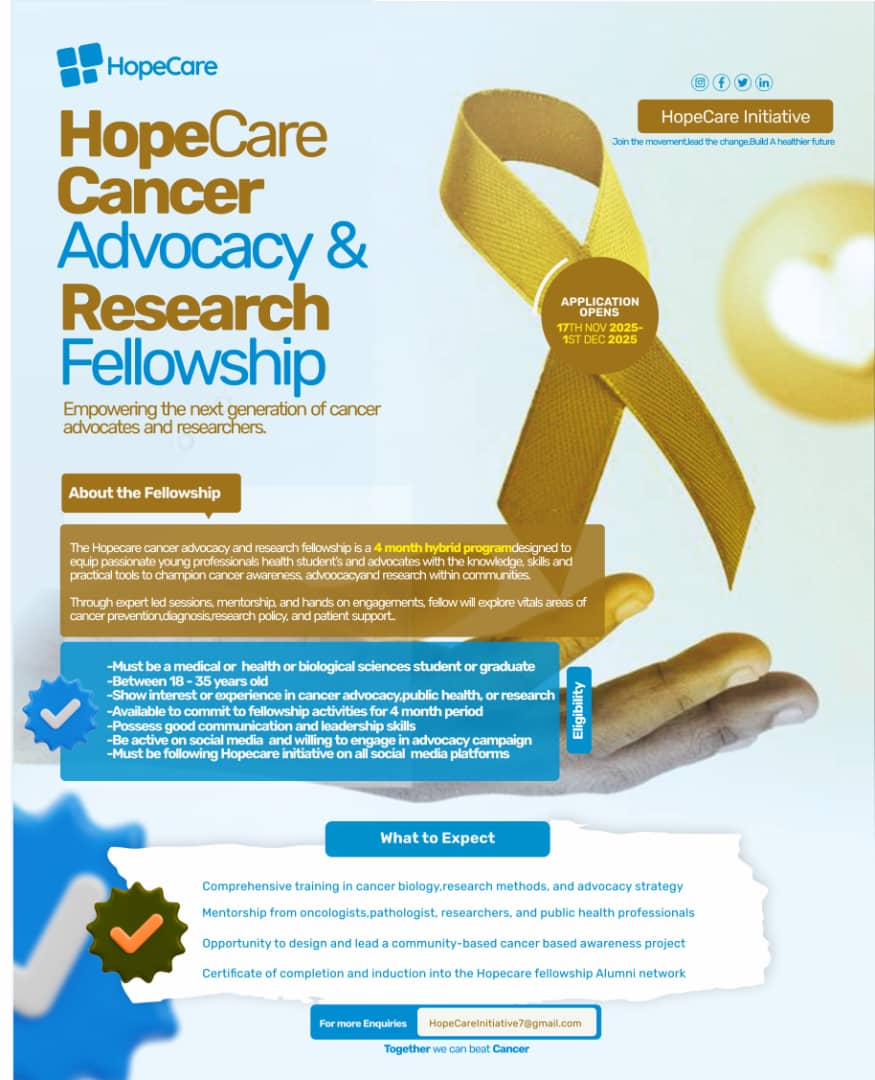 HopeCareIn5385's tweet photo. CALL FOR APPLICATION
Are you a public health professional, healthcare worker, student, or passionate cancer advocate? The HopeCare Cancer Advocacy and Research Fellowship is now open for applications!
๐ Register here: https://t.co/xlLWFM1R2D
#HCARF https://t.co/Wy0eO2kmAZ