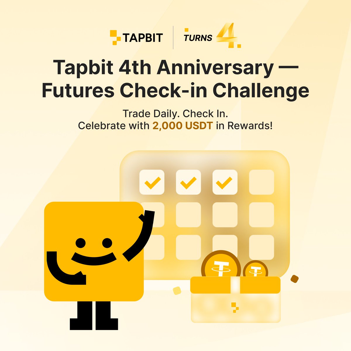 Tapbitglobal's tweet image. 📣 Tapbit Futures Anniversary Challenge Is HERE!

🗓 Event Period: Nov 17 – Dec 8 
💰 Total Rewards: 2,000 $USDT

Tasks: 
1️⃣ Follow @Tapbitglobal @TapbitDerivs &amp;amp; @tapbitcmo
2️⃣ Comment your UID + Rank screenshot under this post (daily check-in).

 Rewards:
✅ Top Performer:  500…