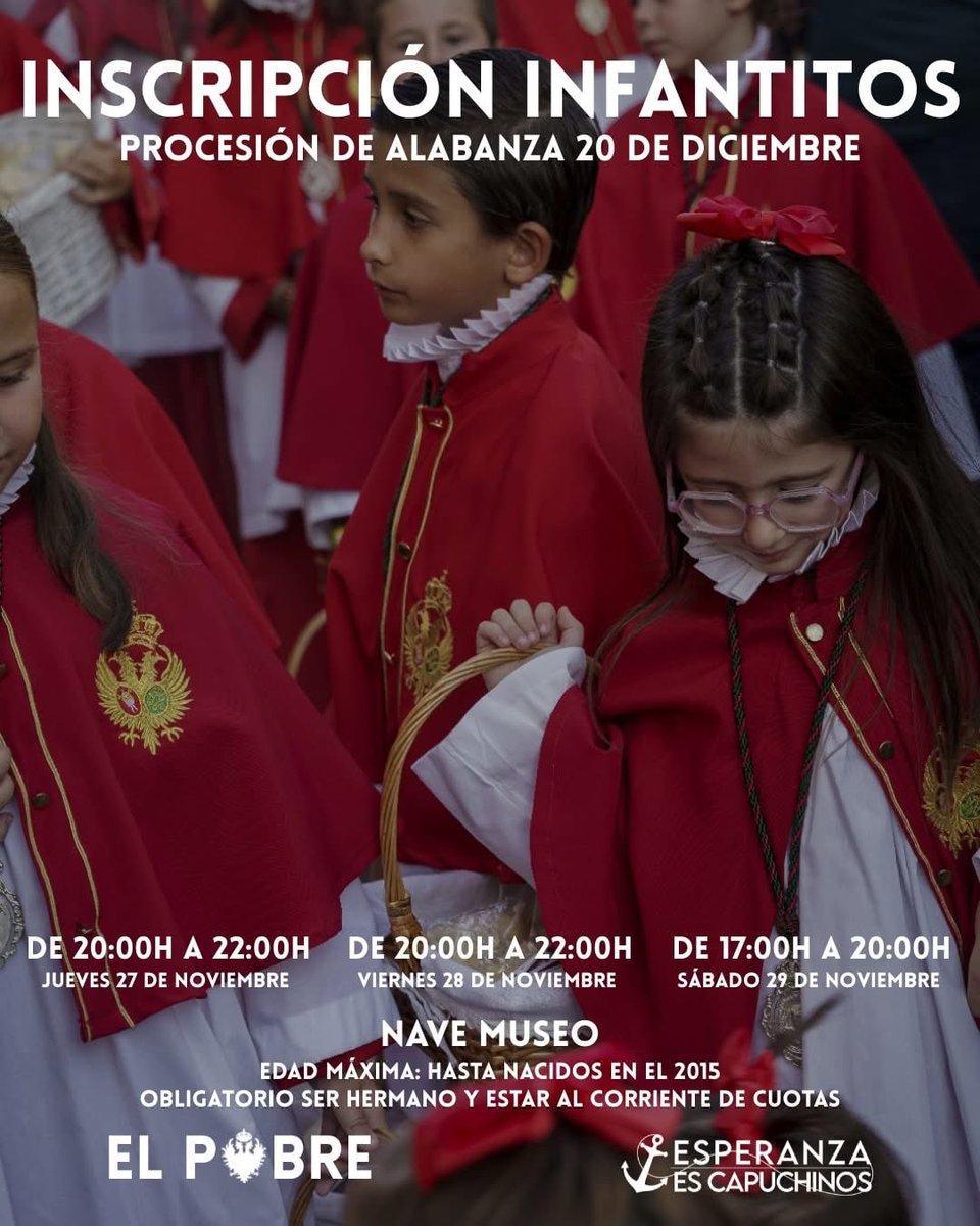 ⚜️ TALLAS E INSCRIPCIONES PROCESIÓN EXTRAORDINARIA ⚜️

🗓️Horario
Jueves 27 y Viernes 28 de 20:00 a 22:00
Sabado 29 de 17:00 a 20:00

📍Nave museo 5° puerta a la derecha

#EstoesElPobreYlaEsperanza #75pobrevelez #SantaVeraCruzDeVelez #CofradiasMLG #CofradiaFranciscana #CofradíasVm