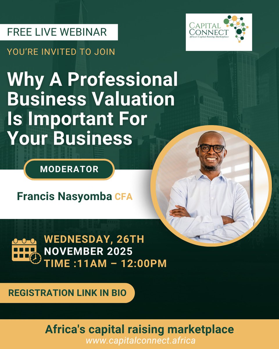 KUcoolkid's tweet photo. This webinar is built for founders who want clarity, confidence and the right tools to compete in Africas CapitalRaising Marketplace. Learn how valuation shapes your strategy and helps you Get Investor Ready https://t.co/LJ65S048sp #CapitalConnectAfrica #InstantValuationServices https://t.co/MTiO5dcIJu