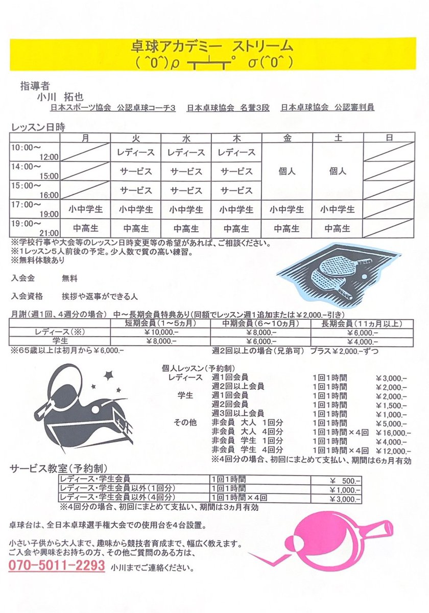 Players__First's tweet image. 新人戦が終わり、新規入会やレッスンを増やしたいという生徒が多く、残り枠があと少しとなりました。
現在空きがあるのは、
月曜夜１名
火曜夕方１名
水曜夕方１名
金曜夕方１名、夜１名
のみです。
迷っている場合は早めに１度ご連絡いただき、無料体験をお試しください。