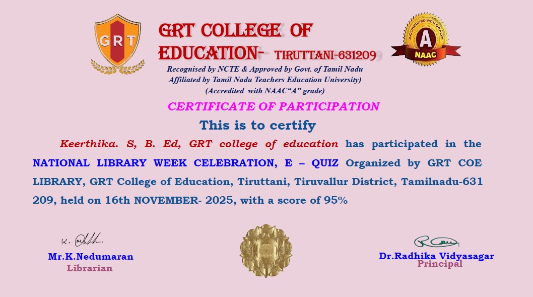 NSSGRT1TVLR's tweet image. GRT COE successfully conducted an engaging E-Quiz on 16th November 2025 as part of the Library Week celebrations!
#GRTCOE #LibraryWeek2025 #EQuiz #DigitalLearning #OnlineQuiz #ReadingCulture #LibraryAwareness #FutureTeachers #EducationalActivities #KnowledgeIsPower #BookLovers