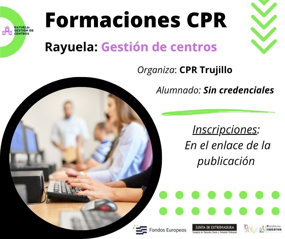 El CPR Trujillo en colaboración con Plataforma Rayuela convoca el curso: "Rayuela: Gestión de centros”, en formato B-learning con sesiones meet. El período de inscripción finaliza el 21 de noviembre de 2025.
Más información en: cprtrujillo.educarex.es