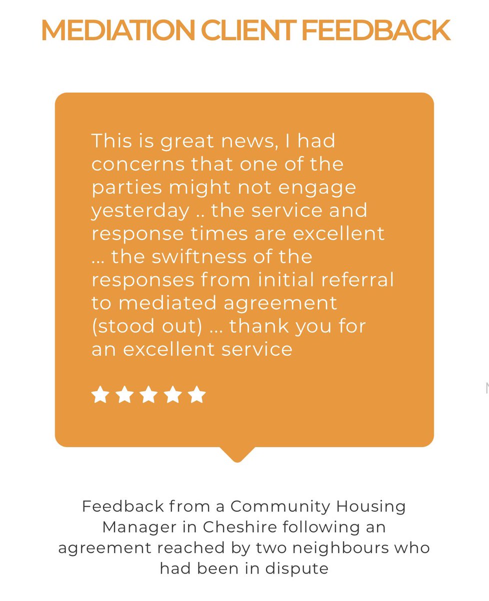 Great to receive this feedback from a Community Safety Manager

✨ “… service and response times are excellent … thank you for an excellent service”

Proud to support neighbours in resolving conflict &amp; rebuilding safer, more peaceful communities

#SolutionTalk #Mediation #ASB