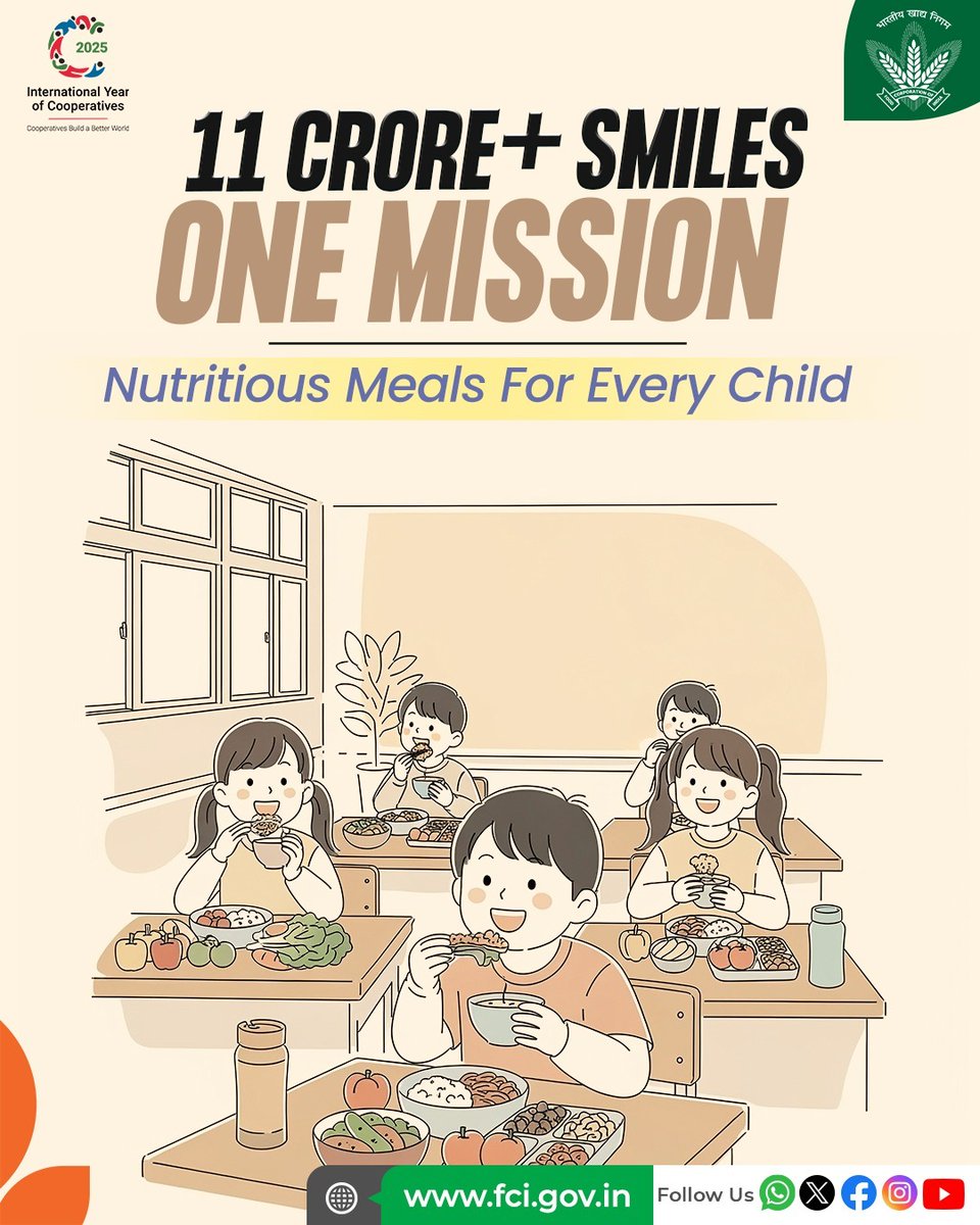 From every grain stored to every meal served — FCI plays a silent yet powerful role in shaping young #India. Under the #PMPOSHAN scheme, nutritious food reaches millions of school children every single day — fueling not just their bodies, but their dreams. 

#Children #School