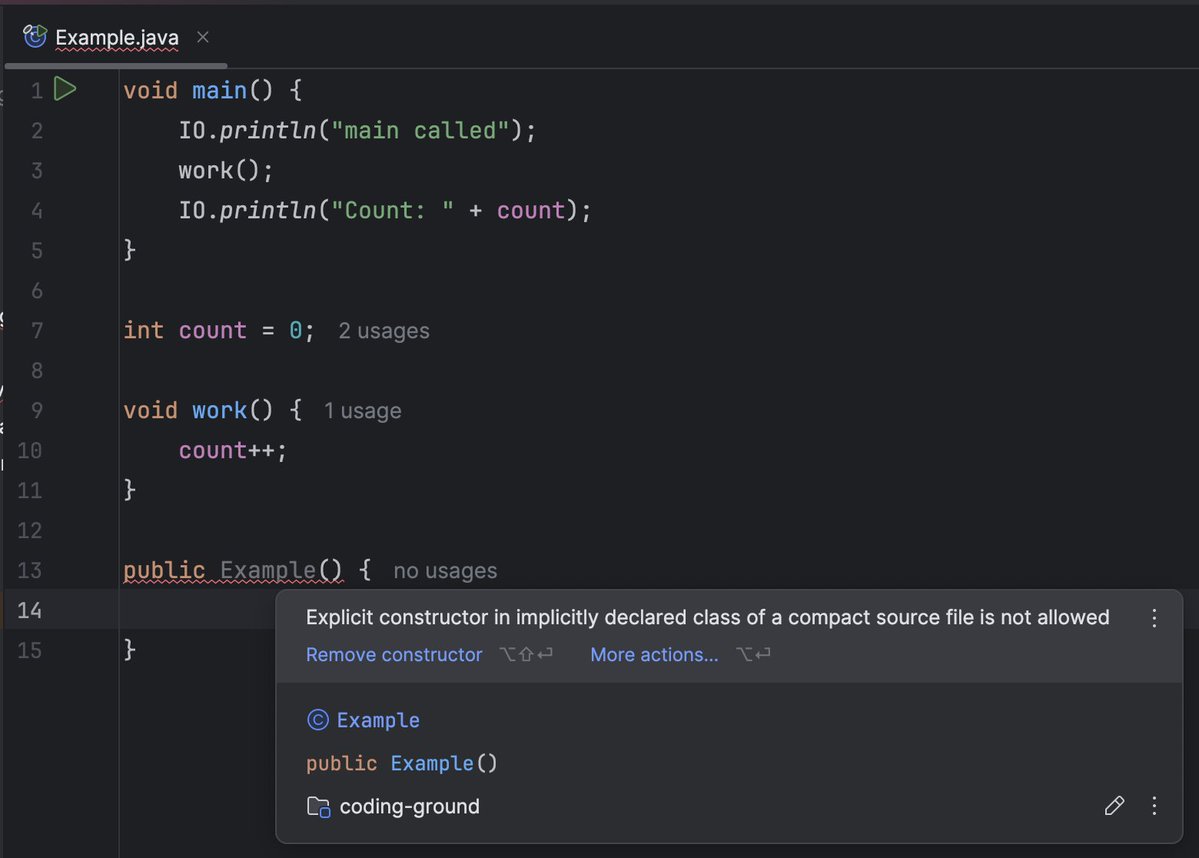 iampratapak's tweet image. As of Java 25, a main method no longer needs to be declared inside a class

It implicitly declares a class whose name is derived from the source file.

You cannot declare a constructor for an implicitly declared class.

#Java25 #Java #Programming #ImplicitClasses
