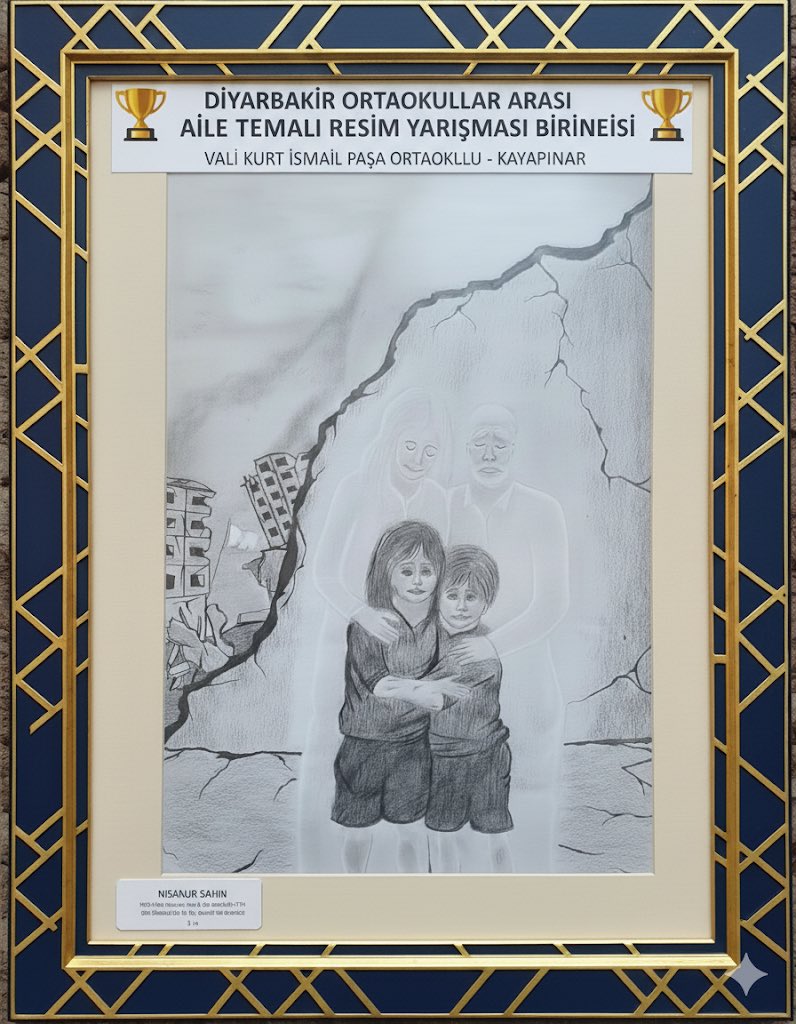 🏆  Ortaokullar Arası Aile Temalı Resim Yarışması Birinci olan eser ⬇️

Yıkılmış binalar arasında birbirine sarılan iki çocuk ve arka planda (vefat eden) ebeveyn siluetleri, zorluklar karşısında aile bağlarının gücünü ve sevgiyi simgeliyor.👏👏👏