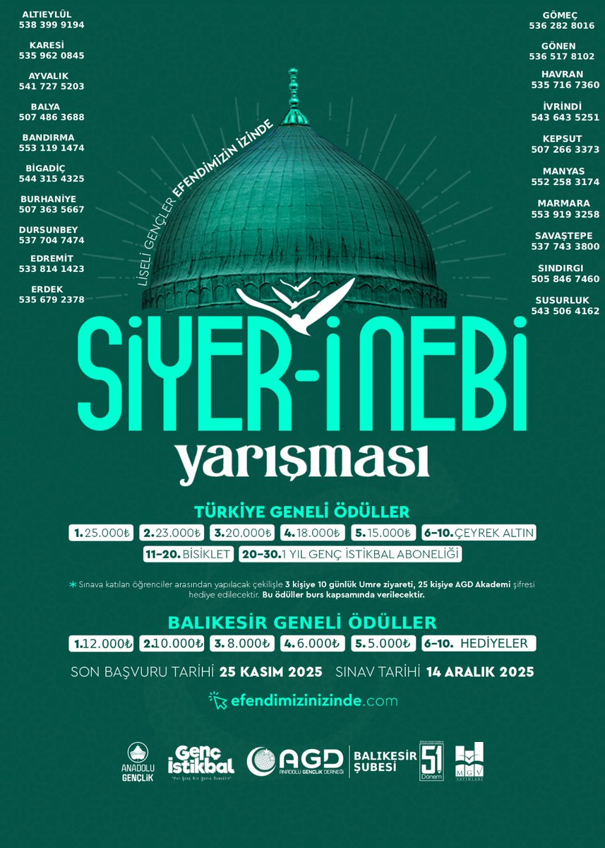 agdbalikesir's tweet image. 📍Gençler Efendimizin İzinde Ödüllü Siyer-İ Nebi Yarışması(Liseler Düzeyi)

🗓 Başvuru Tarihleri : 25 Kasım 2025
✒ Sınav Tarihi: 14 Aralık 2025

efendimizinizinde.com 🖱

#GençlerEfendimizinİzinde
#AhlakveManeviyat
#BirYıldızınİzinde