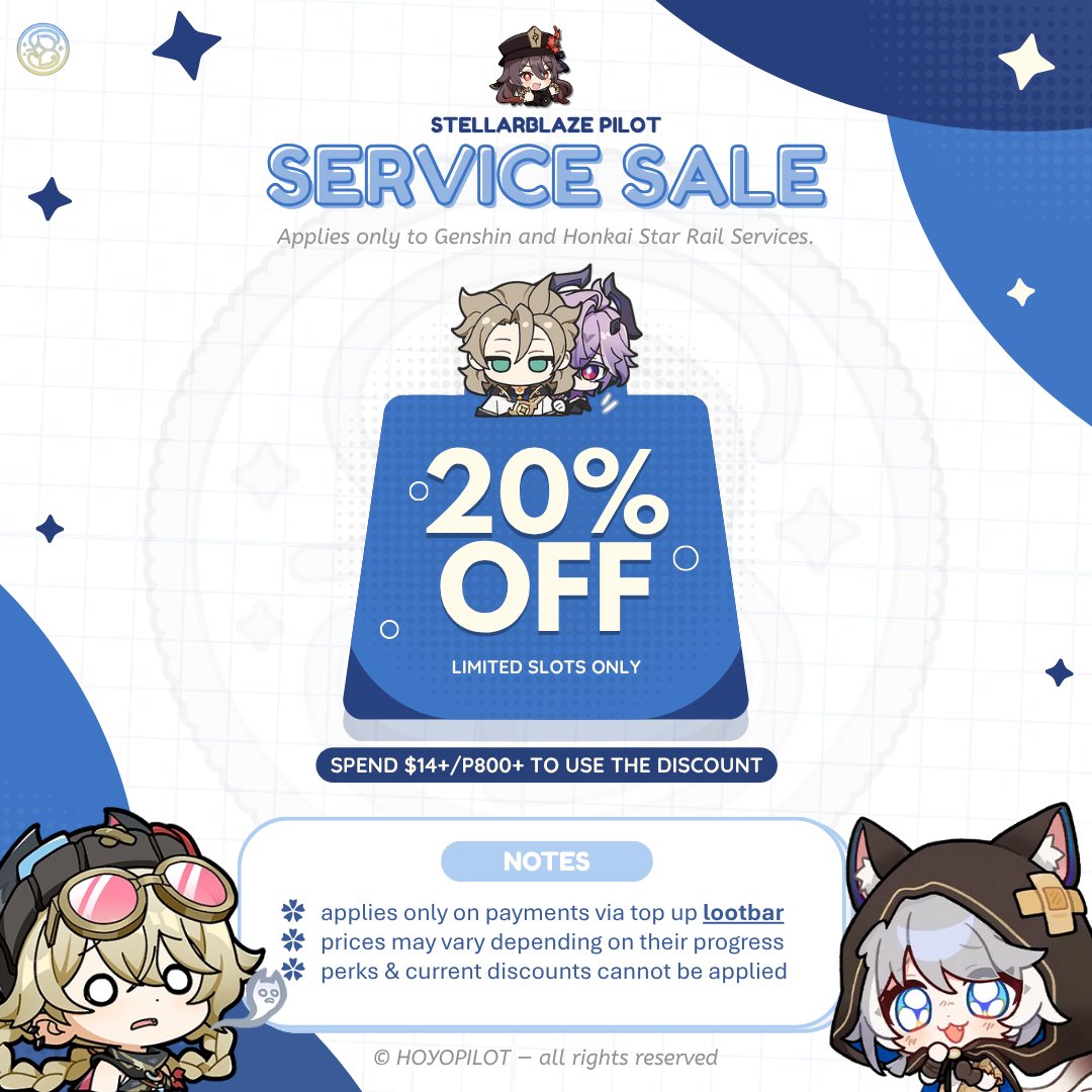SALE : rts appreciated, 20% OFF FOR GENSHIN &amp; HSR SERVICES ♡ min. $14 / P800 .ᐟ

・applies  only  on payments via top up lootbar
・prices may vary depending on their progress
— avail here : discord.gg/hoyopilot

#genshinpilot #hsrpilot lf looking for pilot